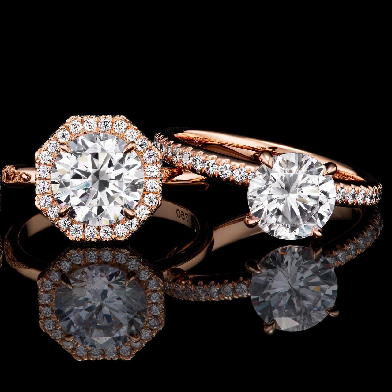 ROUND CUT DIAMOND ENGAGEMENT RING WITH AN OCTAGON HALO THREE PHASES SLIM SETTING IN 18K ROSE GOLD