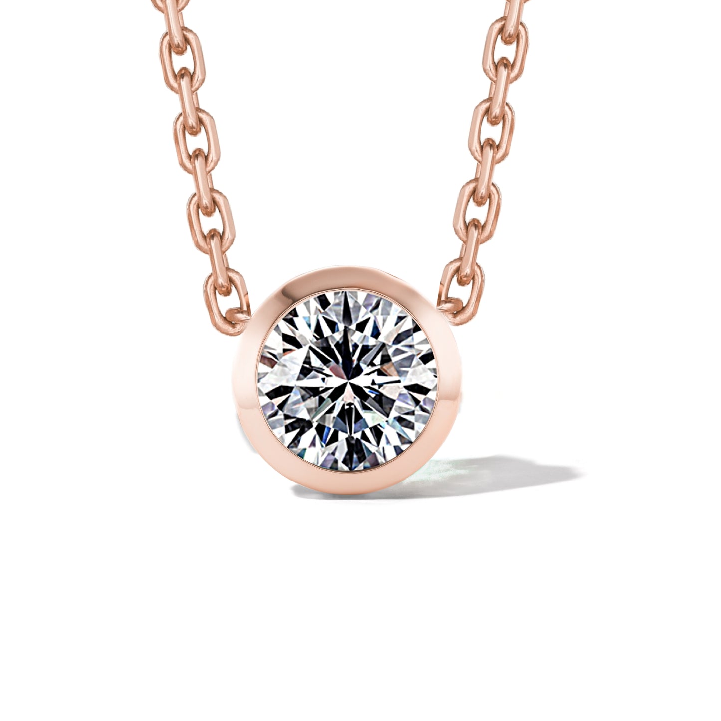 round diamond bezel set shield pendant necklace in 18k rose gold