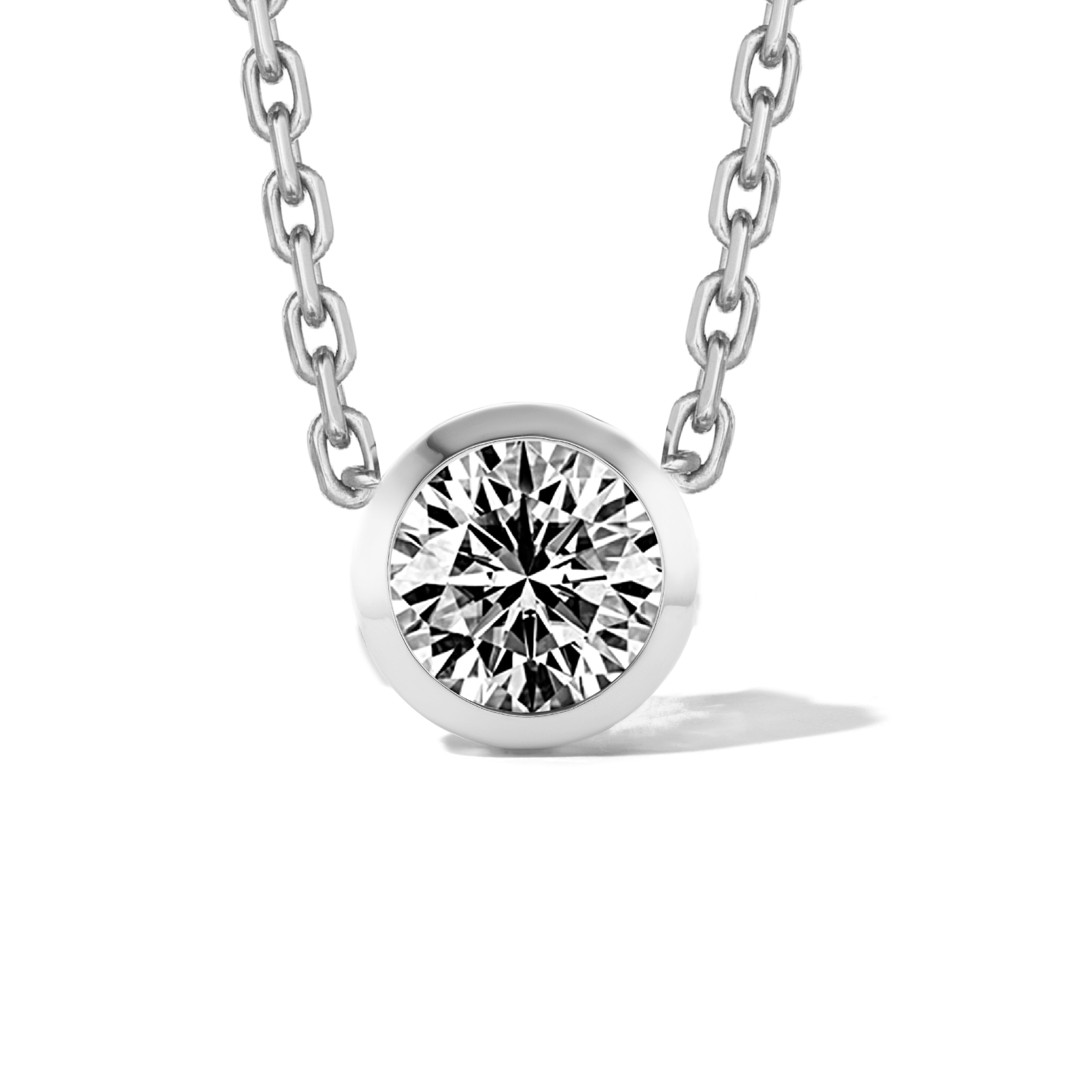 ROUND DIAMOND BEZEL SET SHIELD PENDANT NECKLACE IN PLATINUM