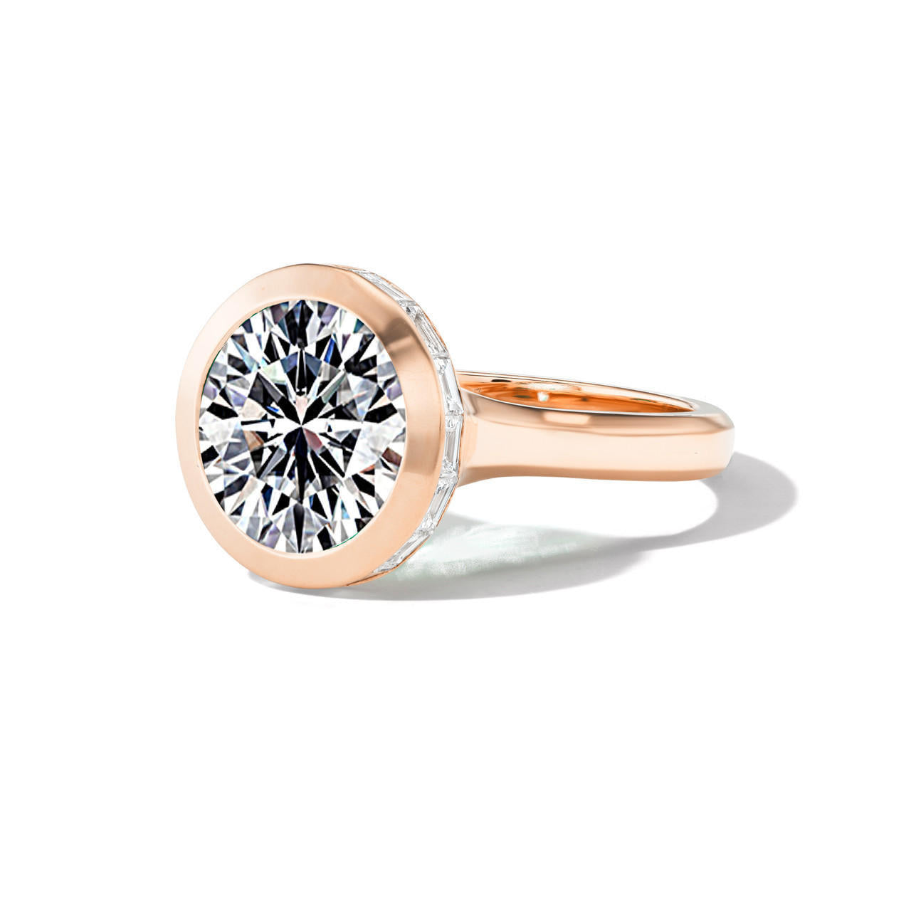shield bezel set round diamond engagement ring in 18k rose gold