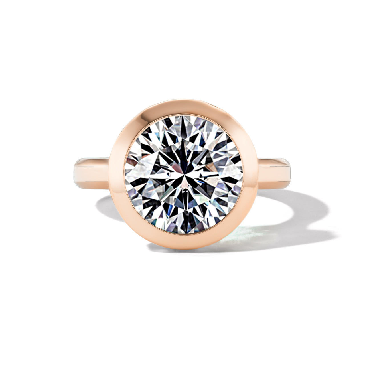 shield bezel set round diamond engagement ring in 18k rose gold