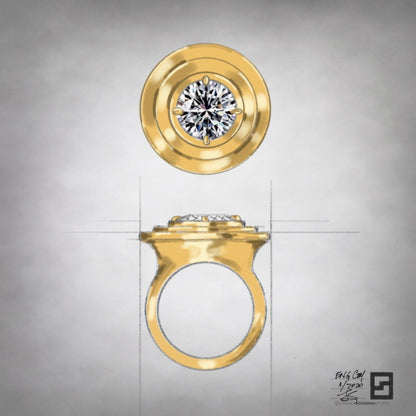 ripple effect engagement ring with round diamond in 18 karat yellow gold