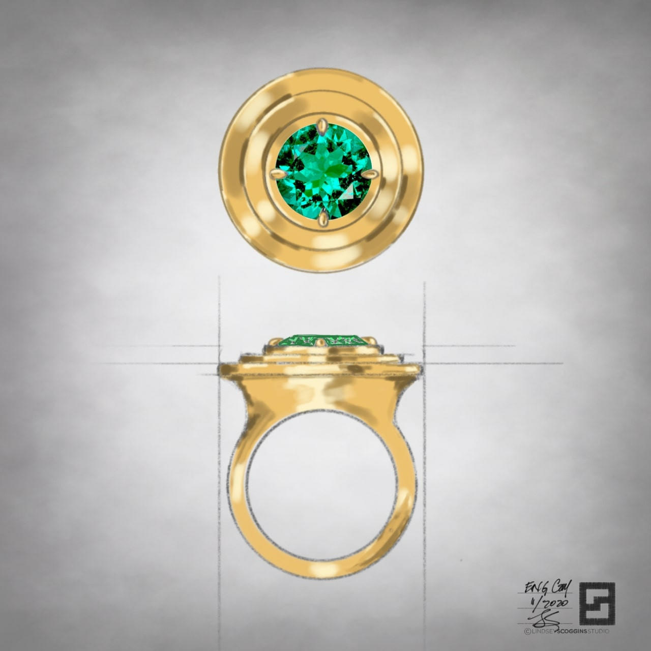 ripple effect engagement ring with round emerald in 18 karat yellow gold