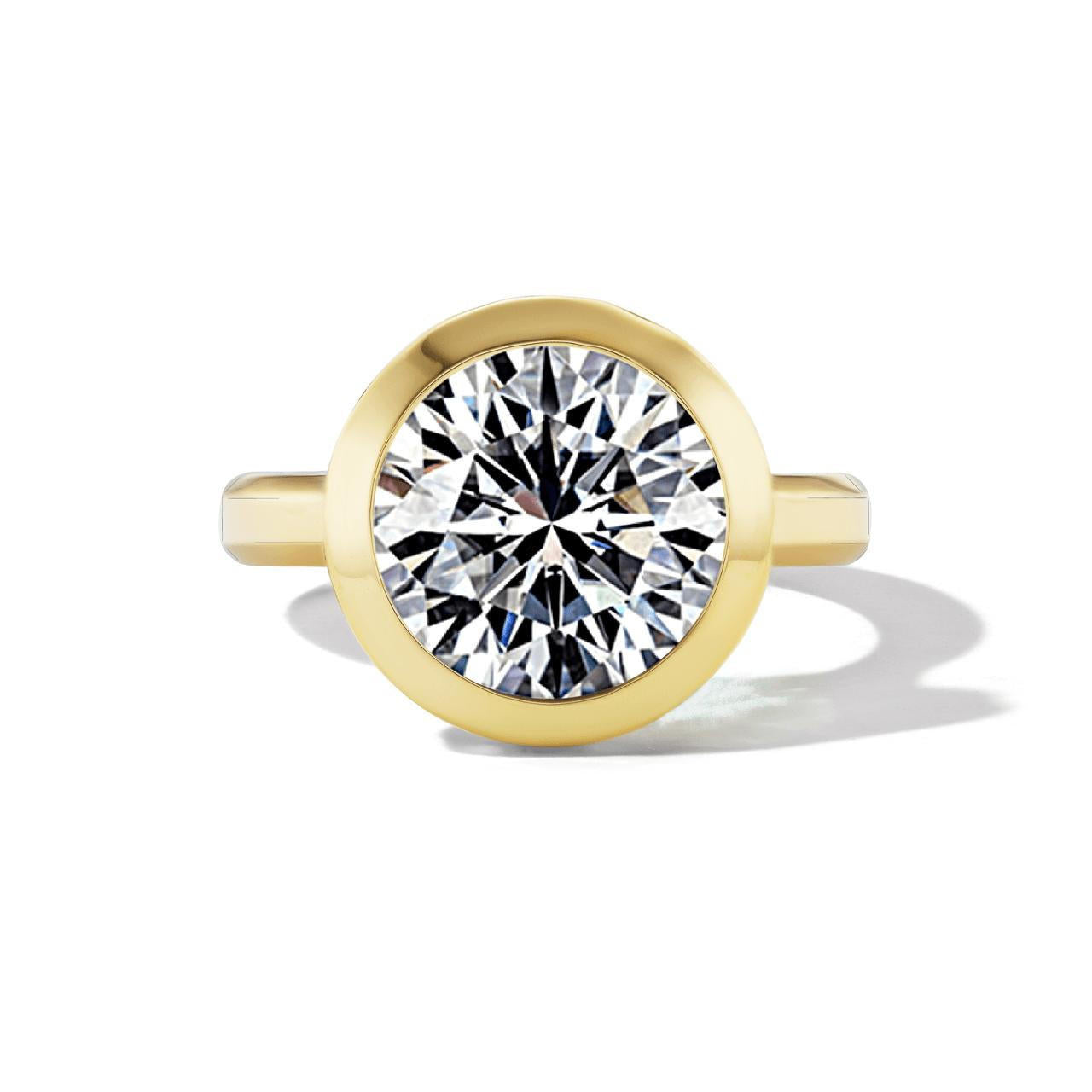 shield bezel set round diamond engagement ring in 18k yellow gold