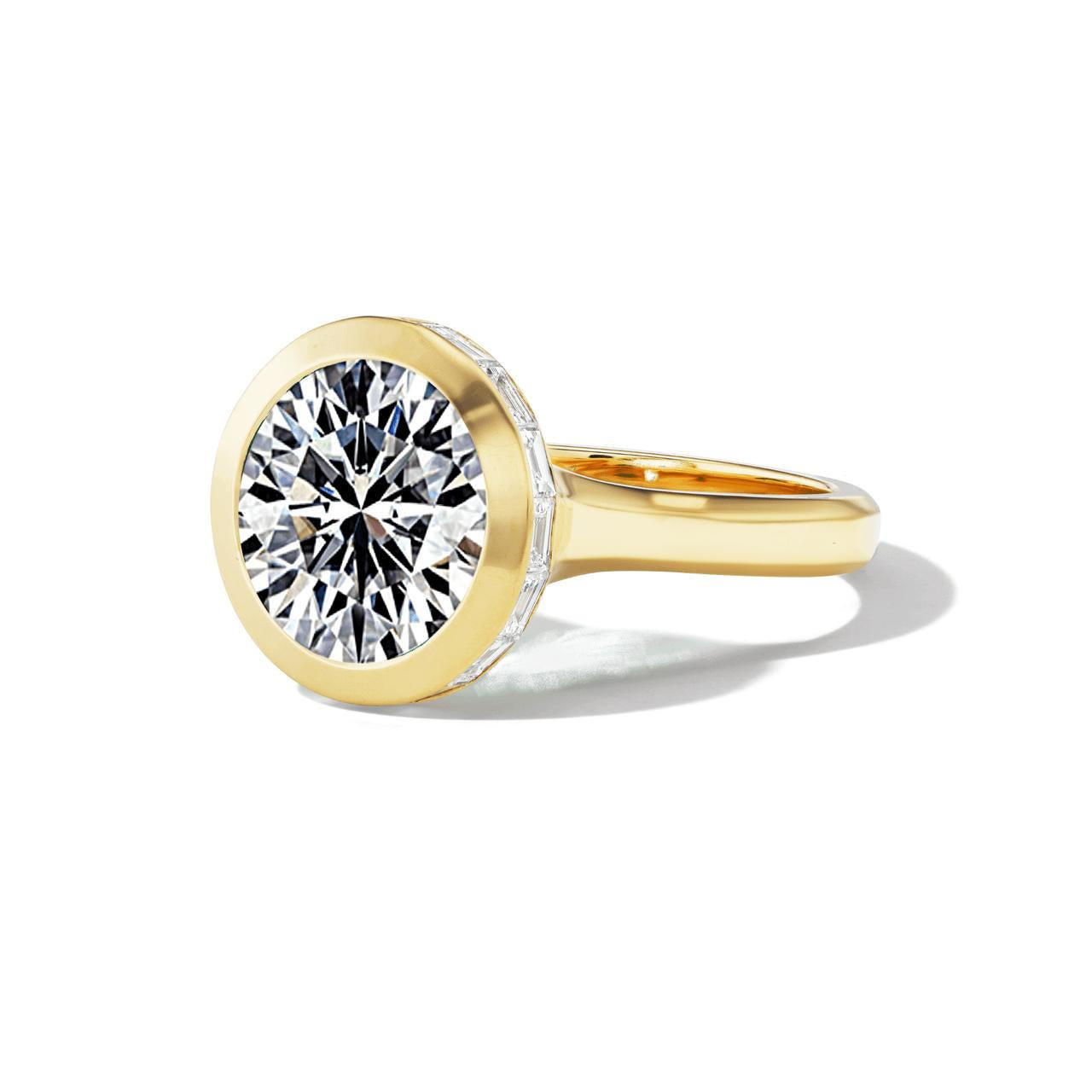 shield bezel set round diamond engagement ring in 18k yellow gold