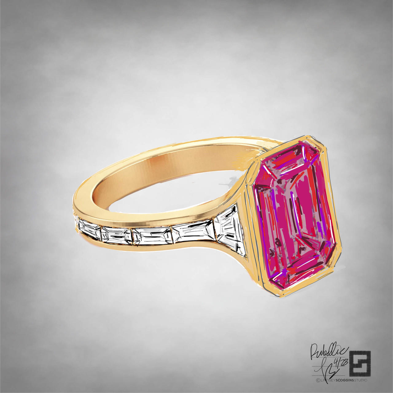 RUBELLITE EMERALD CUT RING WITH BAGUETTES AND TRAPEZOIDS