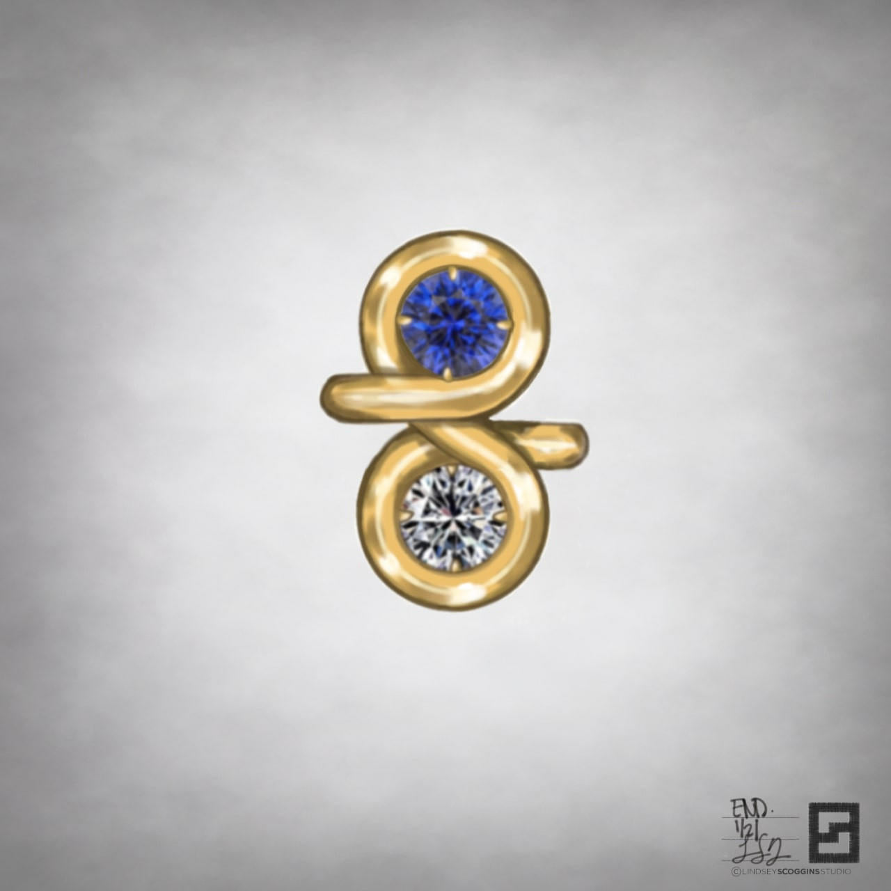 two stone engagement ring with endless gold halo and diamond and sapphire center stones in 18 karat yellow gold; modern moi et toi ring; toi et moi ring
