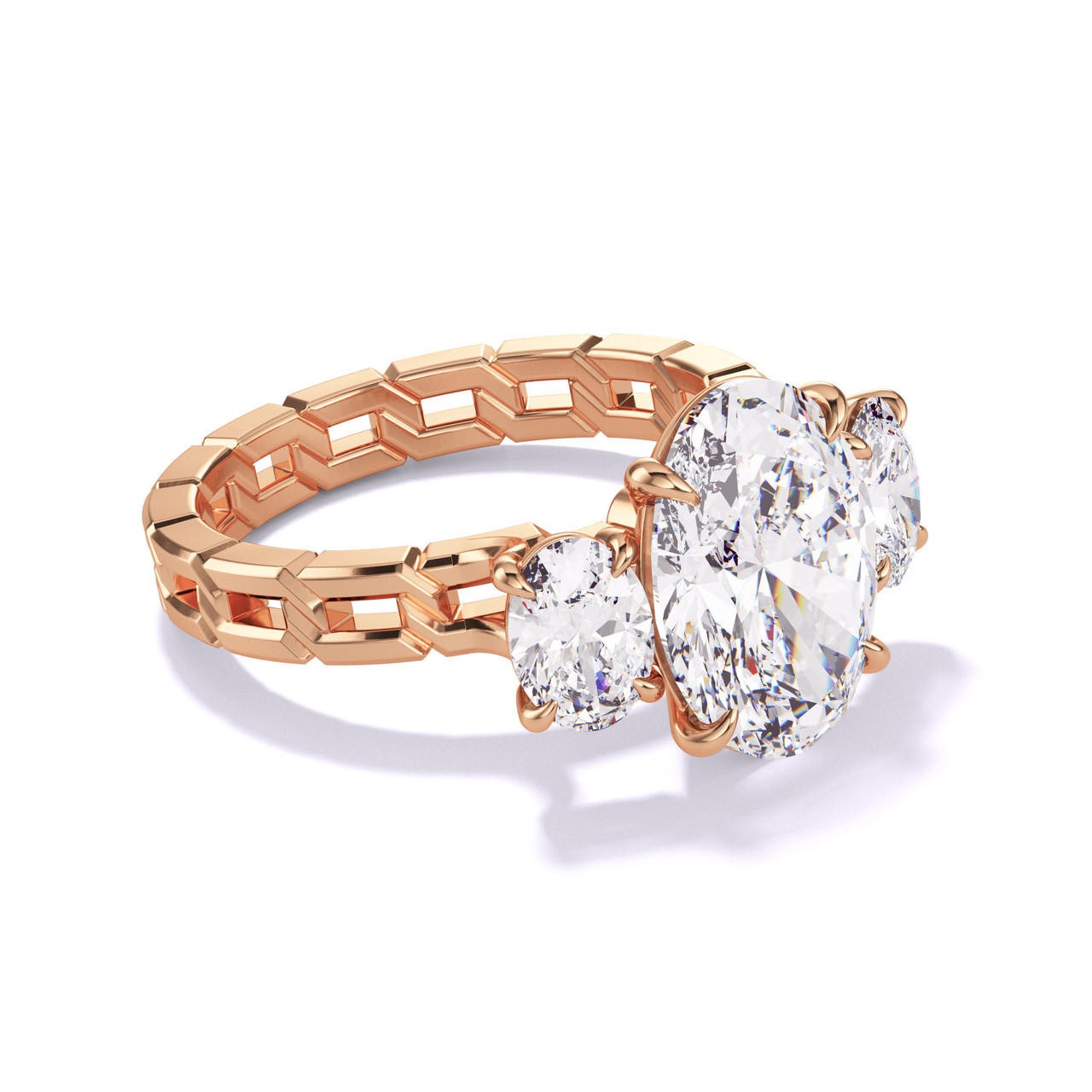 Rose Gold Oval Engagement Ring with a Three Stone 16 Link Setting