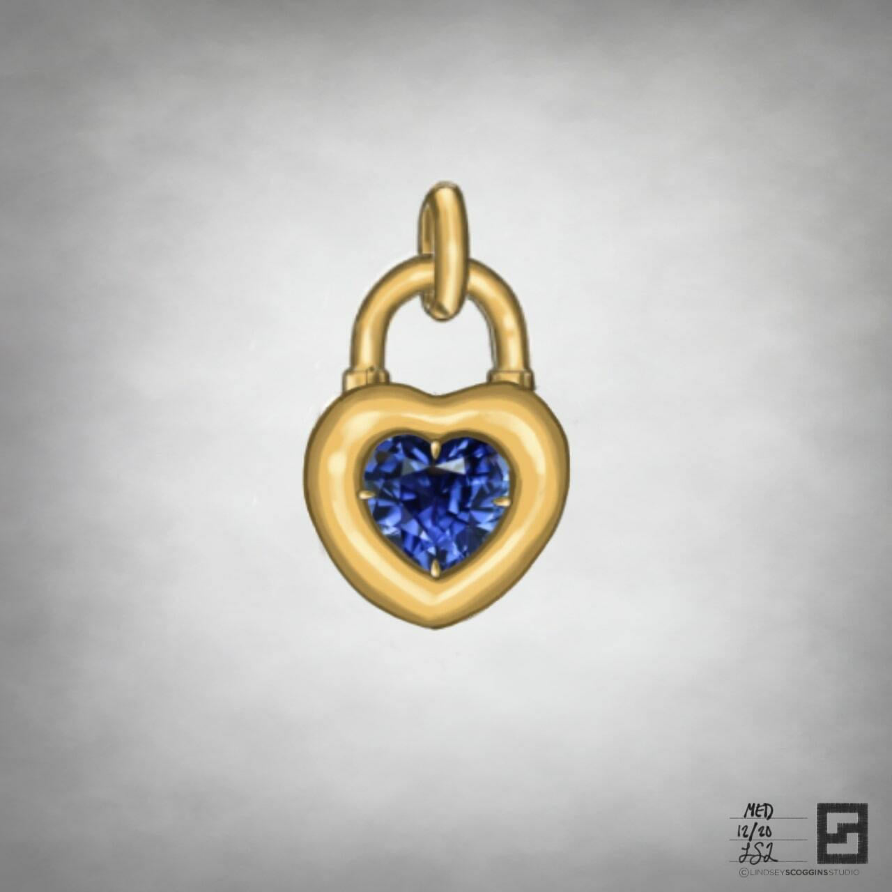 heart shaped sapphire padlock pendant in 18 karat gold front view; sapphire heart pendant