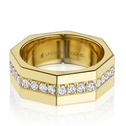 Octagon gold and diamond ring in 18 karat yellow gold with one row of pave diamonds