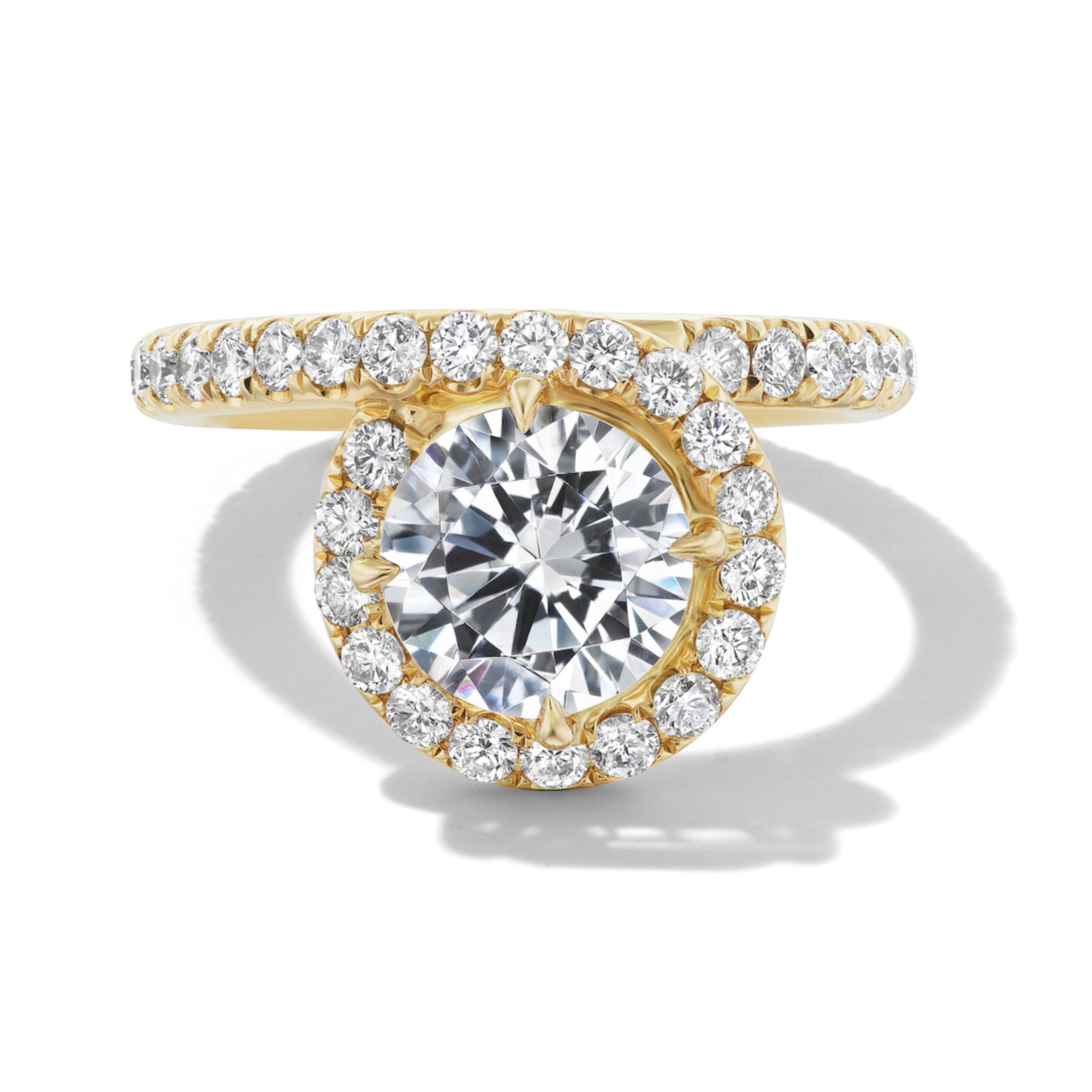 Slim Endless Loop 1.75mm halo setting engagement ring with pave diamond row in 18k yellow gold