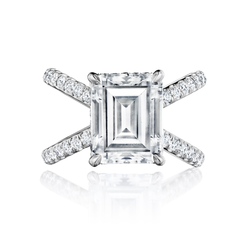 EMERALD CUT DIAMOND ENGAGEMENT RING WITH A CLASSIC 4 PRONG AXIS PAVE SETTING IN PLATINUM