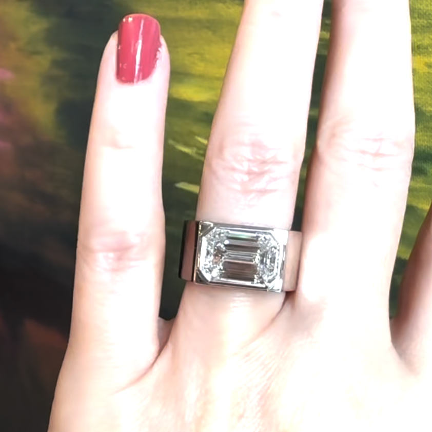 BESPOKE EAST WEST EMERALD CUT SHIELD ENGAGEMENT RING WITH WIDE BAND IN PLATINUM