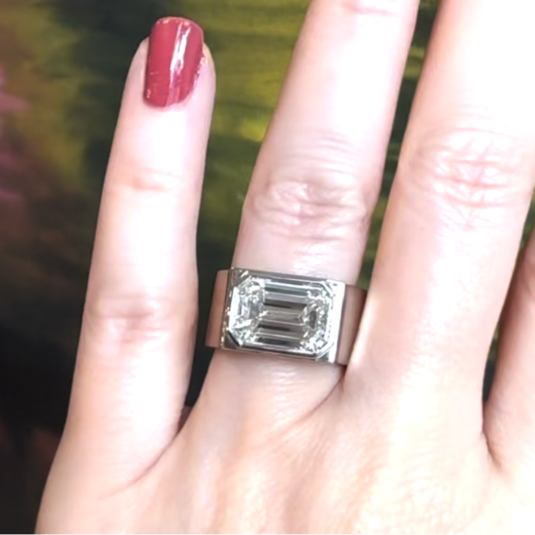 BESPOKE EAST WEST EMERALD CUT SHIELD ENGAGEMENT RING WITH WIDE BAND IN PLATINUM