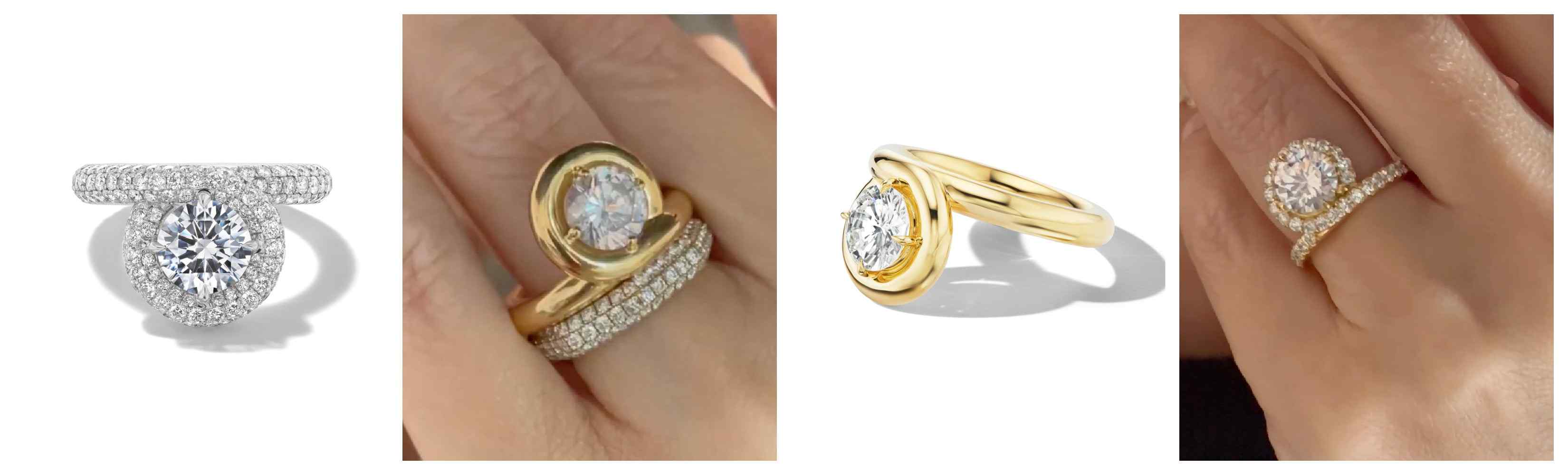Collage a platinum pavé ring, a gold ring on a hand, a yellow gold loop ring alone, & a yellow gold pavé ring on a hand.
