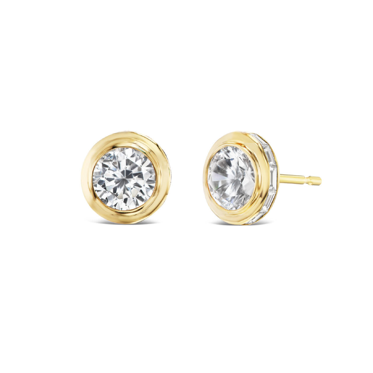 SHIELD BEZEL SET DIAMOND STUD EARRINGS WITH BAGUETTES