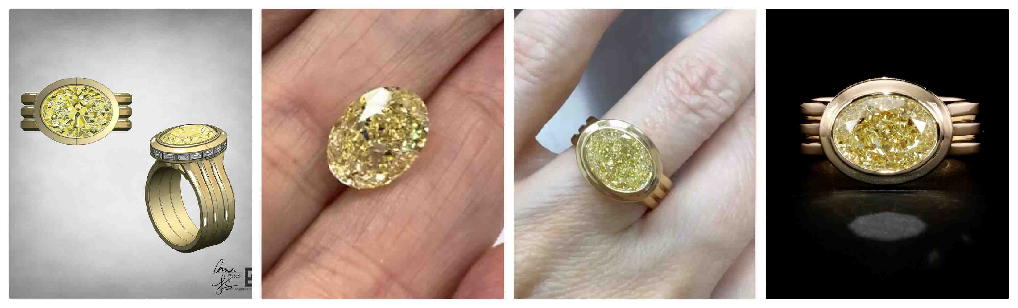 Four-image collage with a 3D yellow gold ring render, a yellow diamond, the ring on a woman’s hand, & a realistic ring photo.