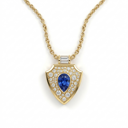 SHIELD PENDANT NECKLACE WITH PEAR SHAPED SAPPHIRE