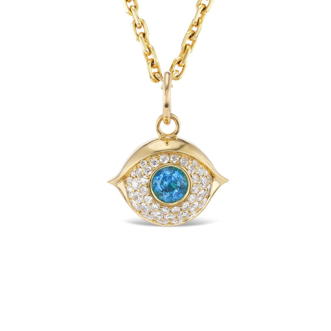 SMALL GOLD AND DIAMOND EVIL EYE PENDANT WITH SAPPHIRE