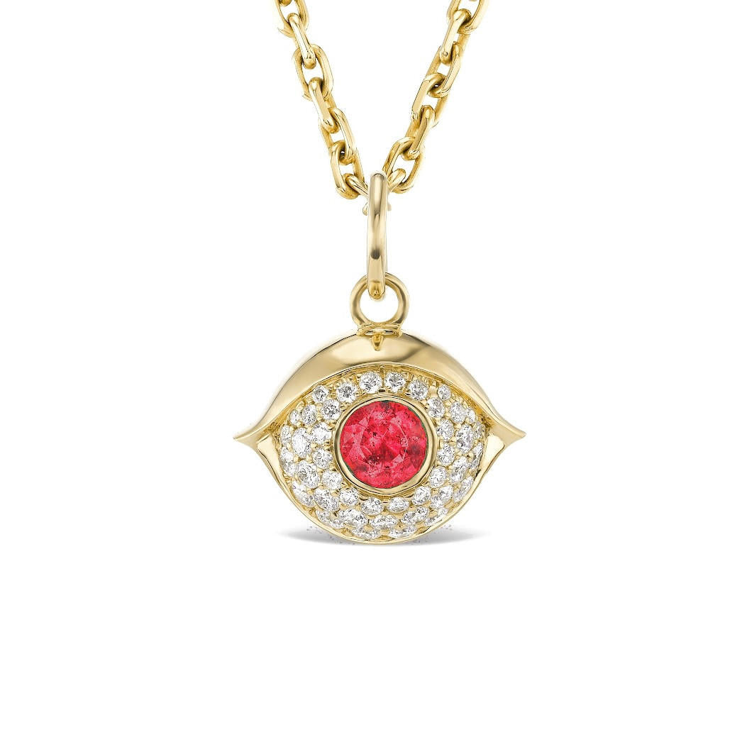 Gold, diamond and ruby evil eye necklace