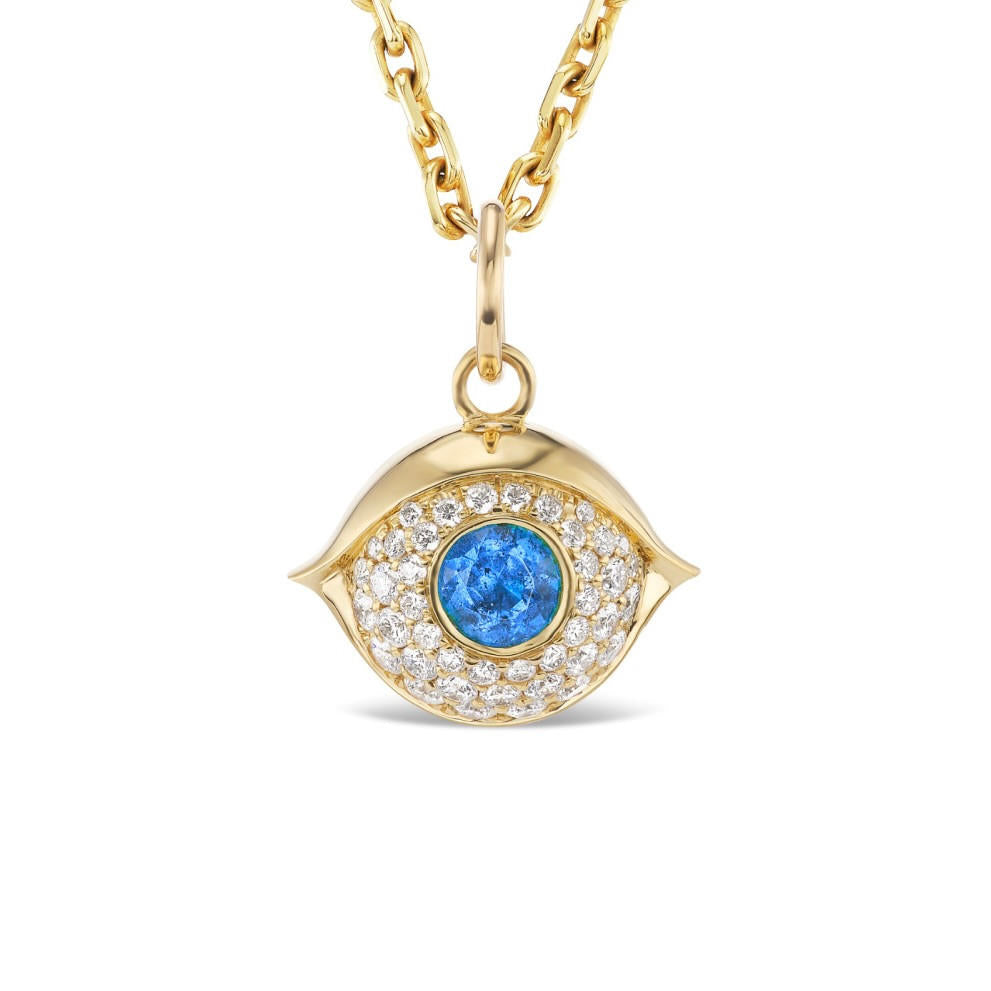 SMALL GOLD AND DIAMOND EVIL EYE PENDANT WITH SAPPHIRE