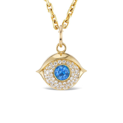 Gold, diamond and sapphire evil eye necklace