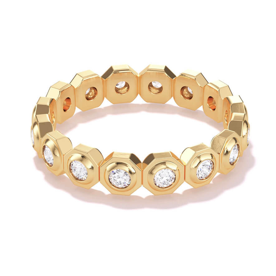 Still 16 Stone Octagon Bezel Set Diamond Eternity Band in 18k yellow gold