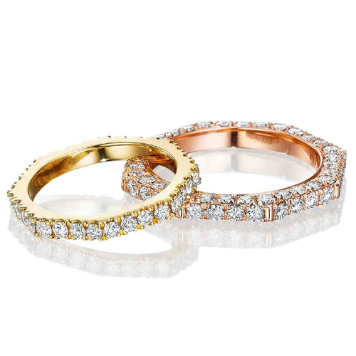 Pave diamond Still collection bands in yellow gold, rose gold and platinum