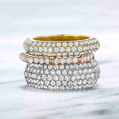 Pave diamond Still collection bands in yellow gold, rose gold and platinum
