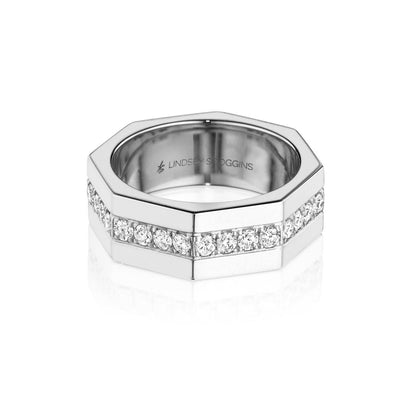 Octagon platinum  and diamond ring in with one row of pave diamonds