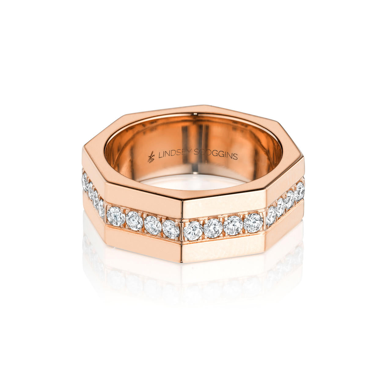 Octagon gold and diamond ring in 18 karat rose gold with one row of pave diamonds