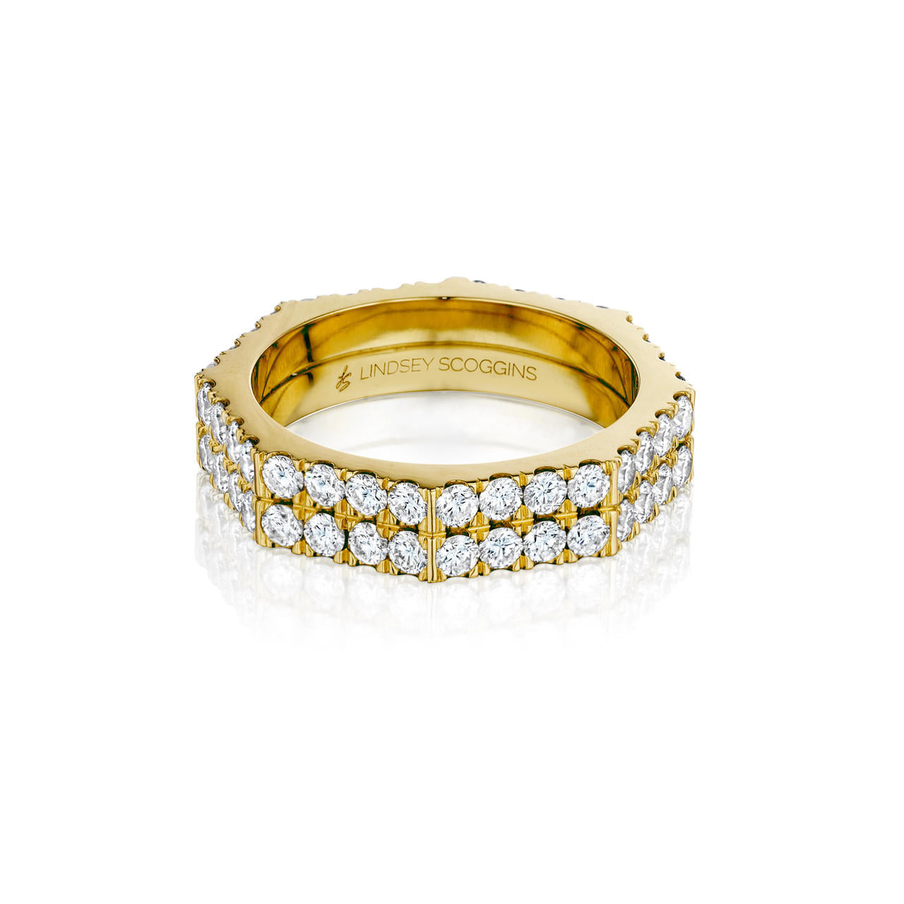 Still two row pave diamond band in 18 karat yellow gold