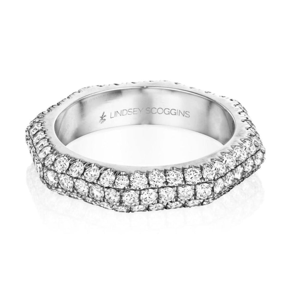 Still triple row pave diamond ring in platinum