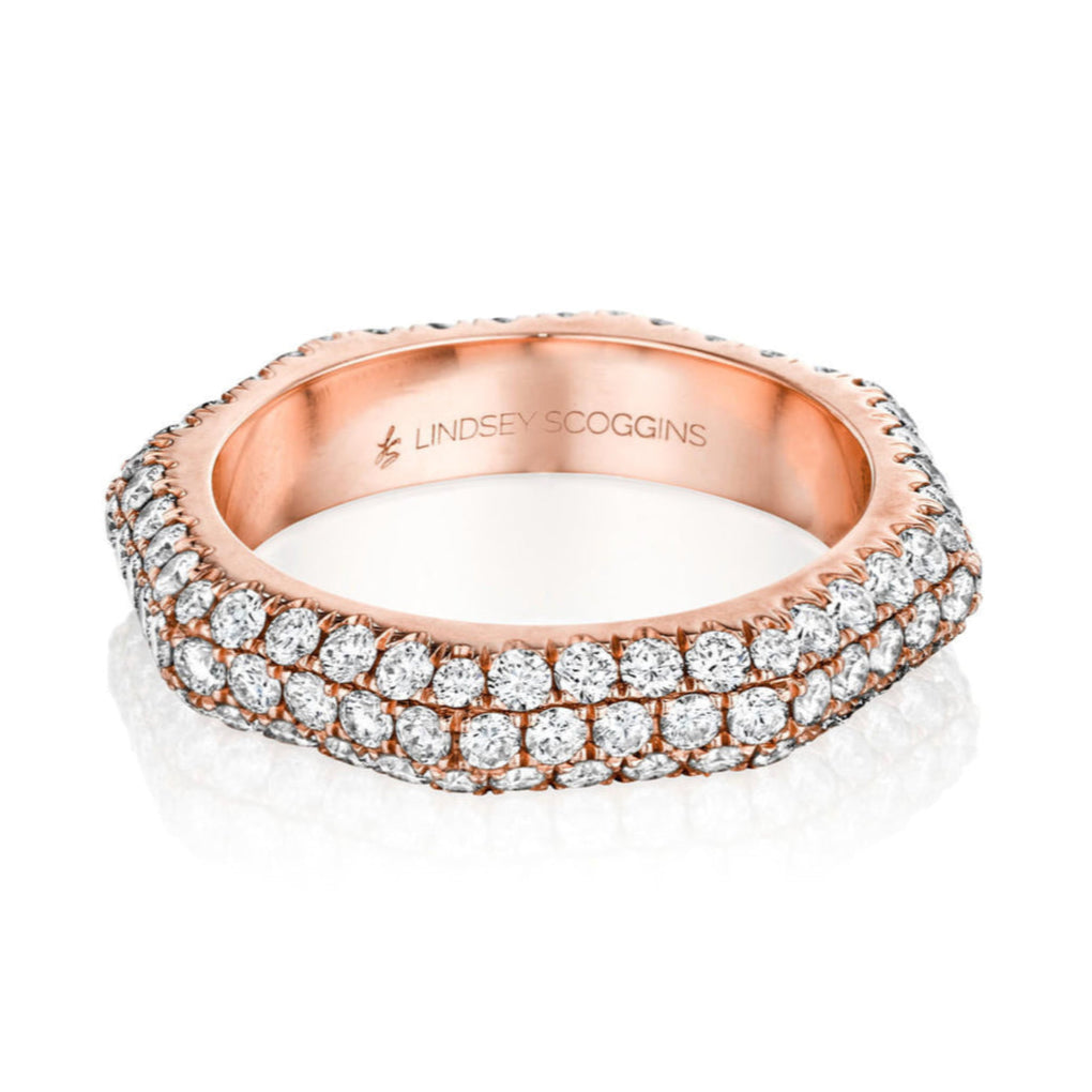 Still triple row pave diamond ring in rose gold