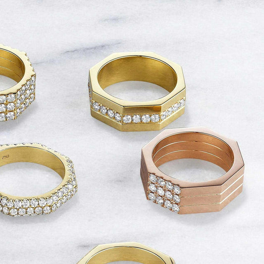 Octagon gold and diamond ring in yellow gold and rose gold with pave details