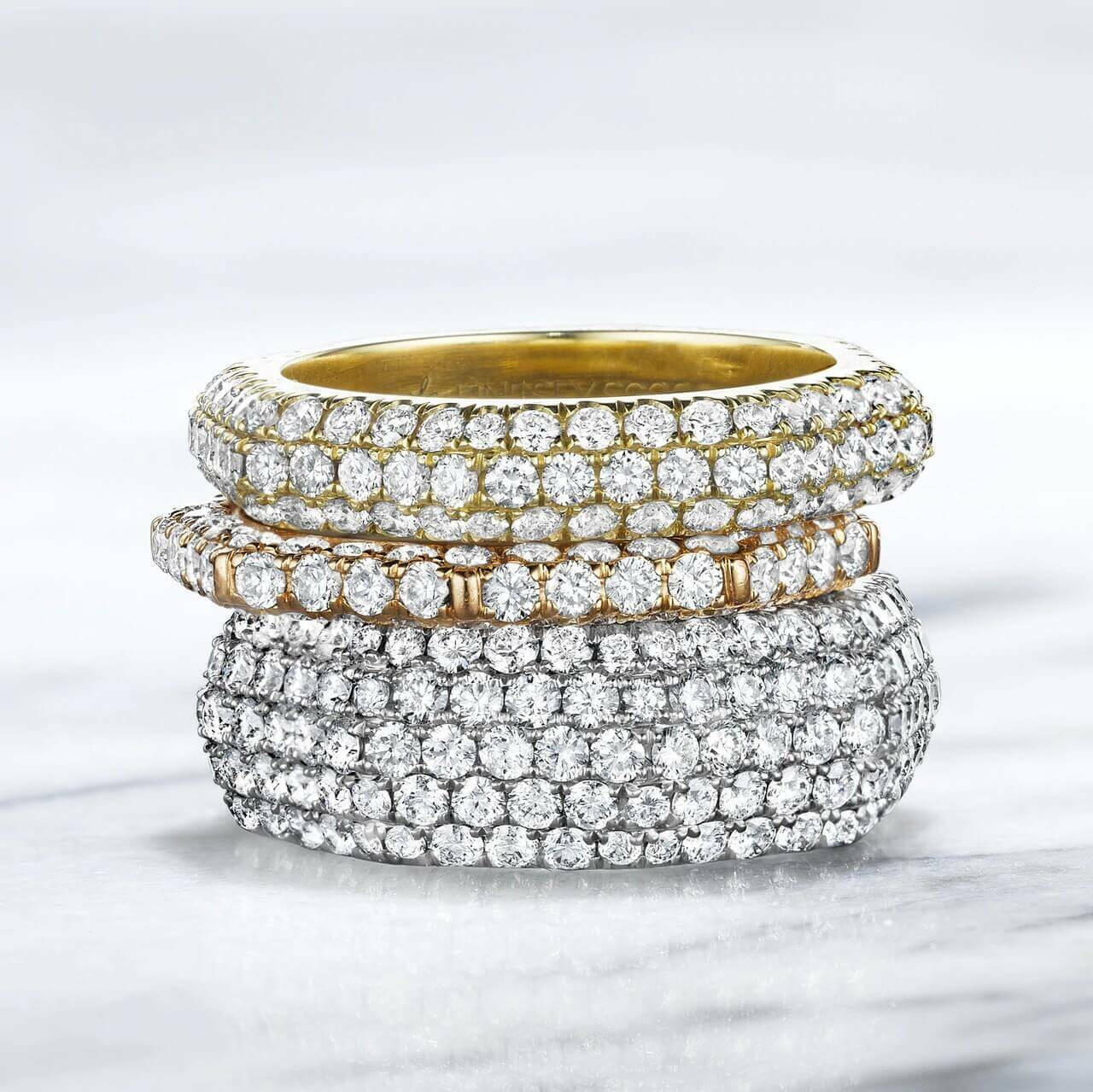 Pave diamond Still collection bands in yellow gold, rose gold and platinum