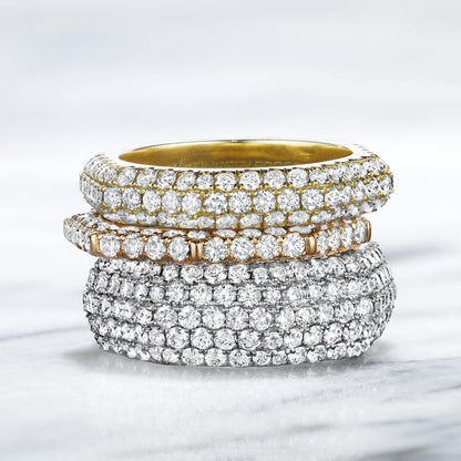 Still triple row pave diamond ring in yellow gold, rose gold; platinum