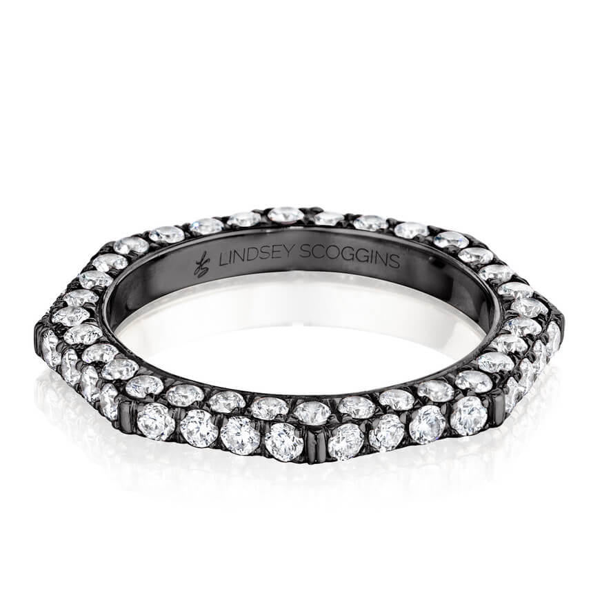 Pave diamond wedding band in black rhodium