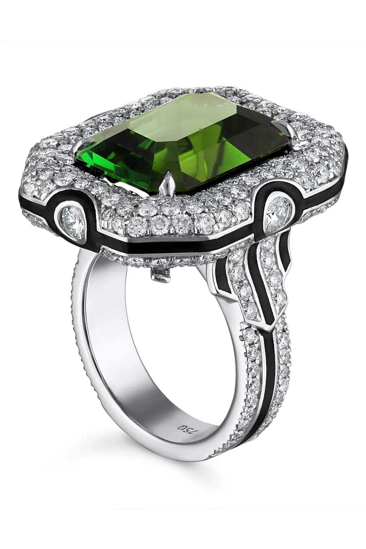 transforming jewelry - green tourmaline diamond  art deco ring