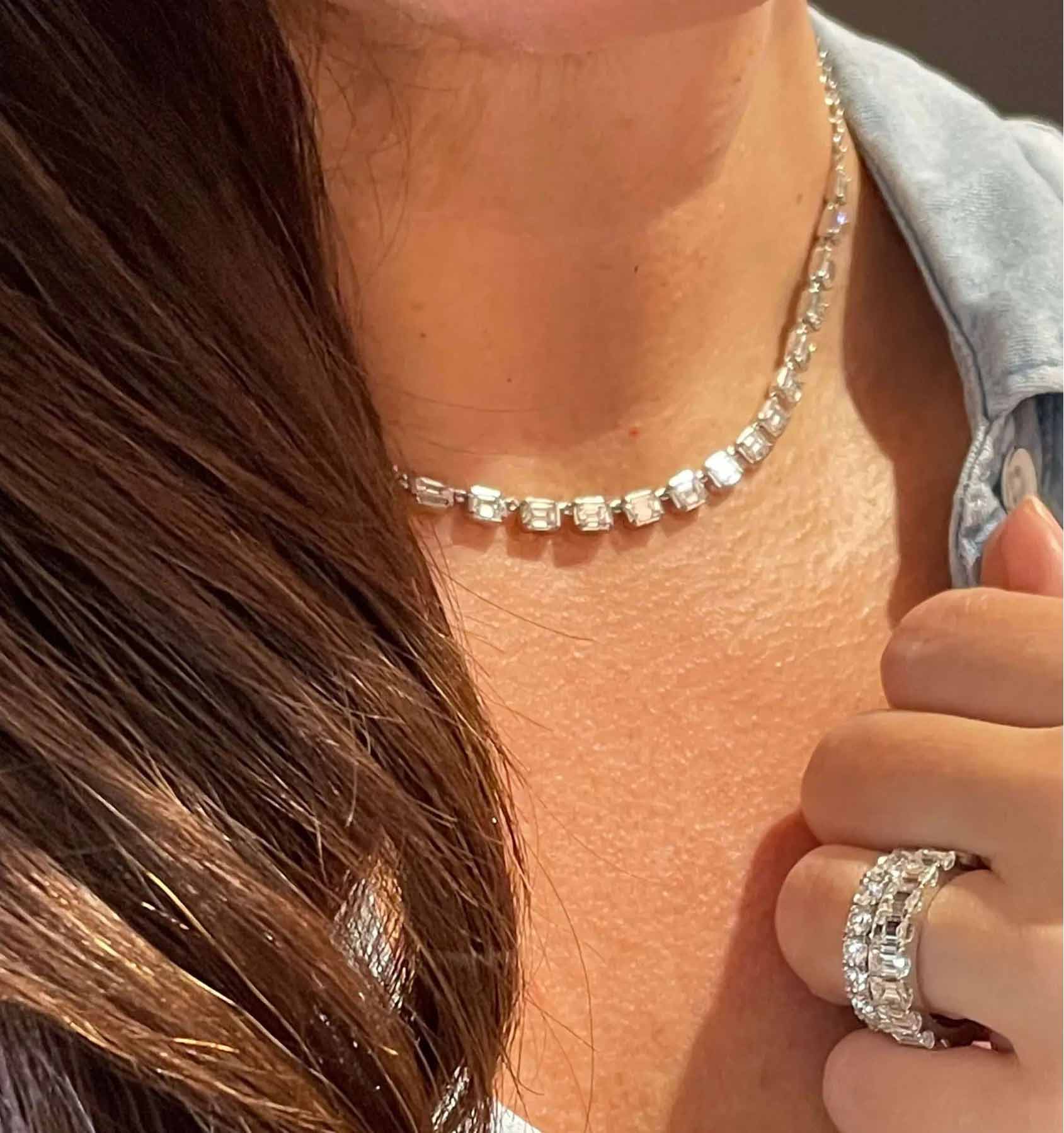 emerald cut diamond tennis necklace and rings