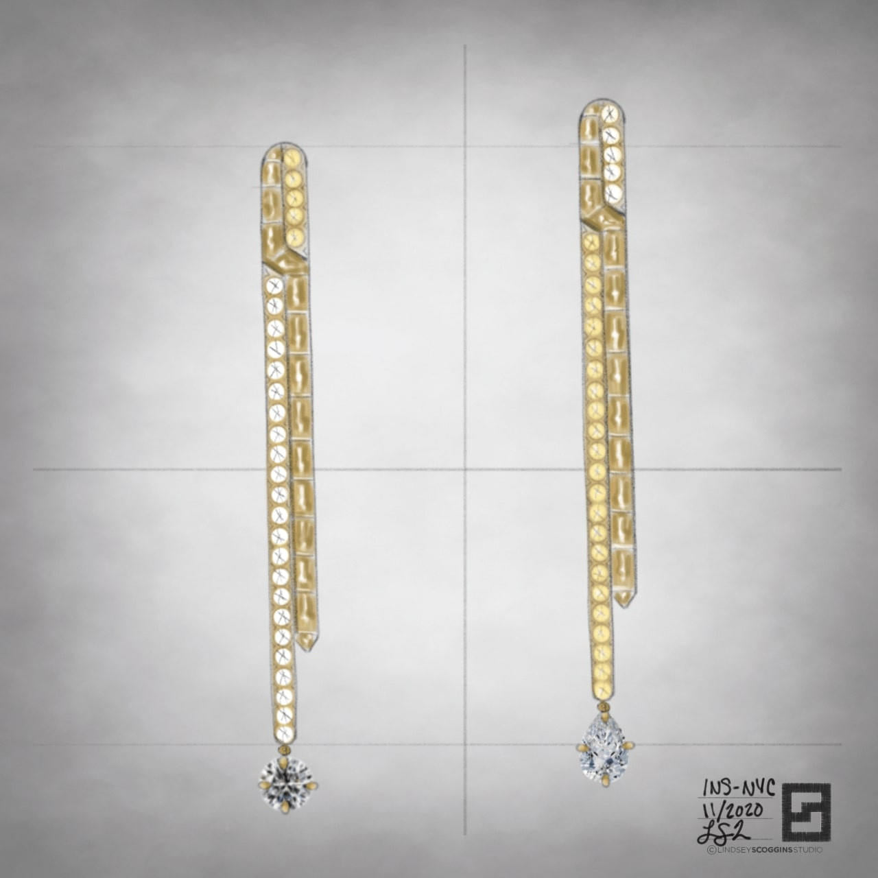 yellow gold and diamond crisscross drop earrings with diamond solitaires in 18 karat gold