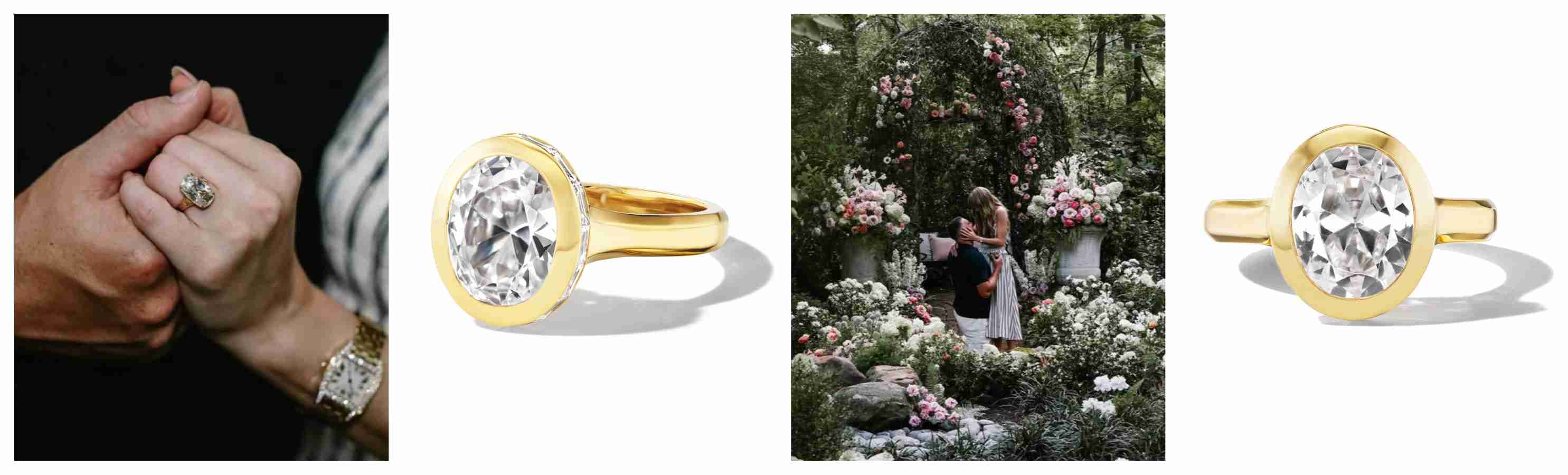 Collage of an oval diamond ring on a couple’s hands, two yellow-gold bezel oval rings, and a garden proposal scene.