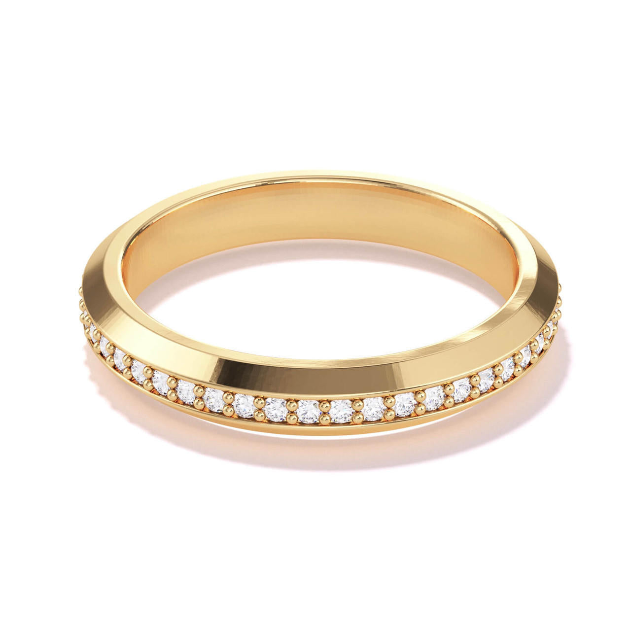 Three Phases one row beveled thin diamond wedding band in 18k yellow gold