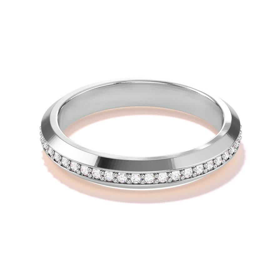 Three Phases one row beveled thin diamond wedding band in platinum