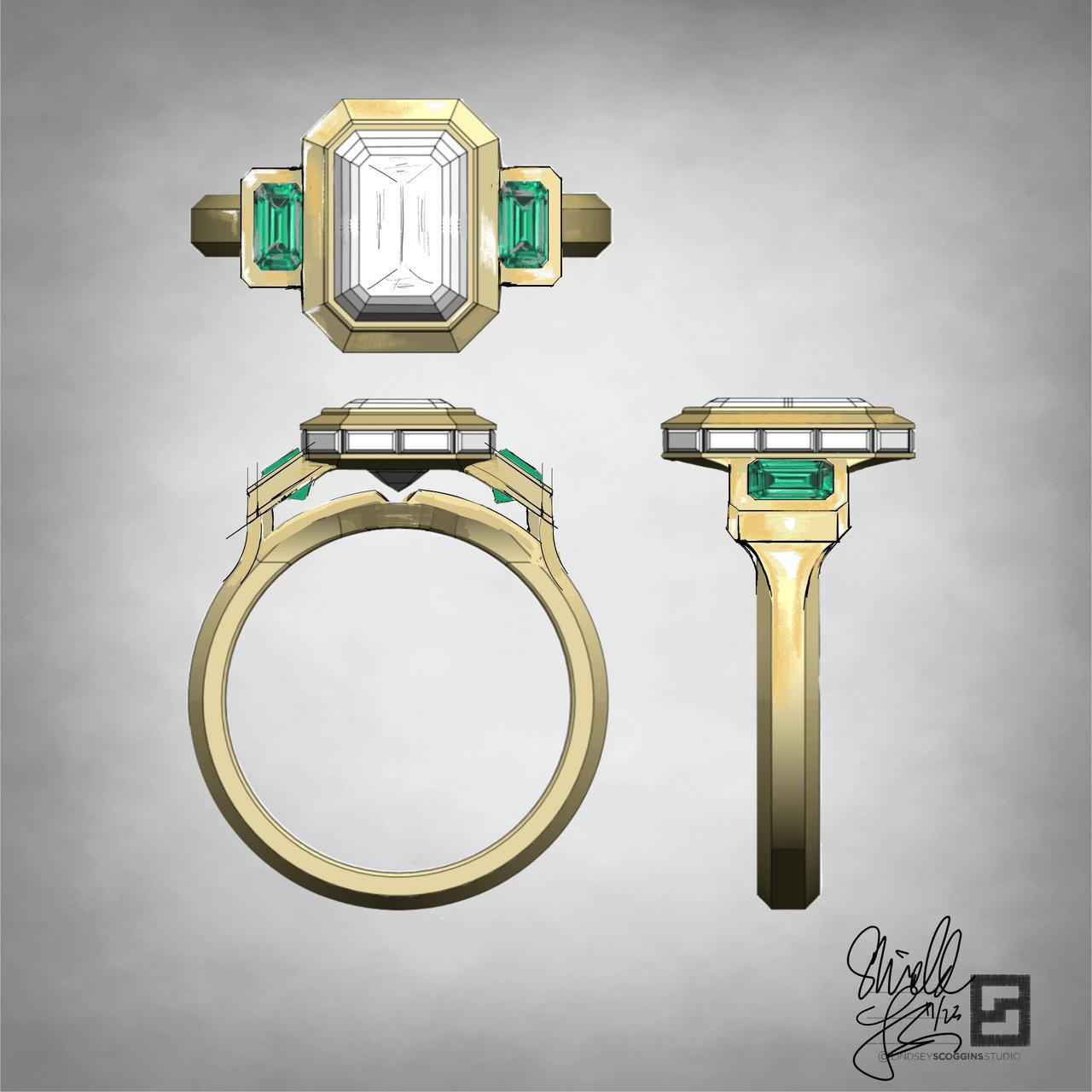 shield emerald cut diamond three stone ring in platinum