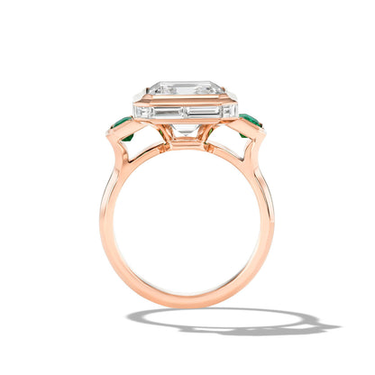 SHIELD EMERALD CUT DIAMOND THREE STONE RING IN 18K ROSE GOLD