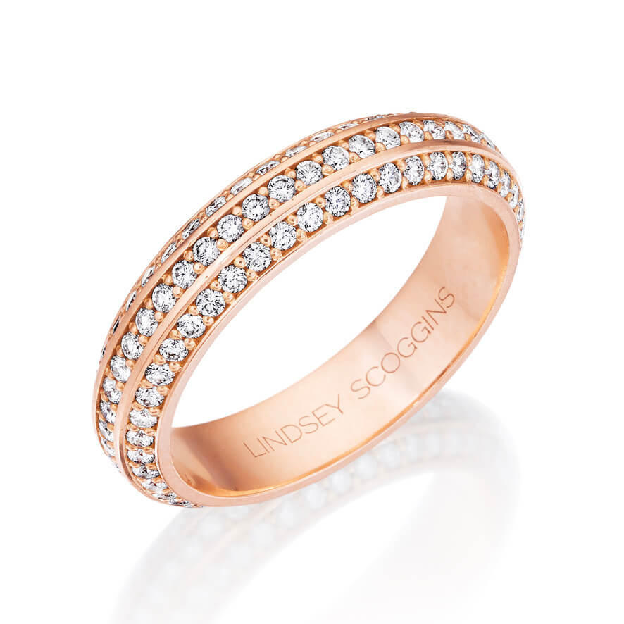 Three row pave diamond wedding band - Three Phases classic pave diamond wedding band in rose gold