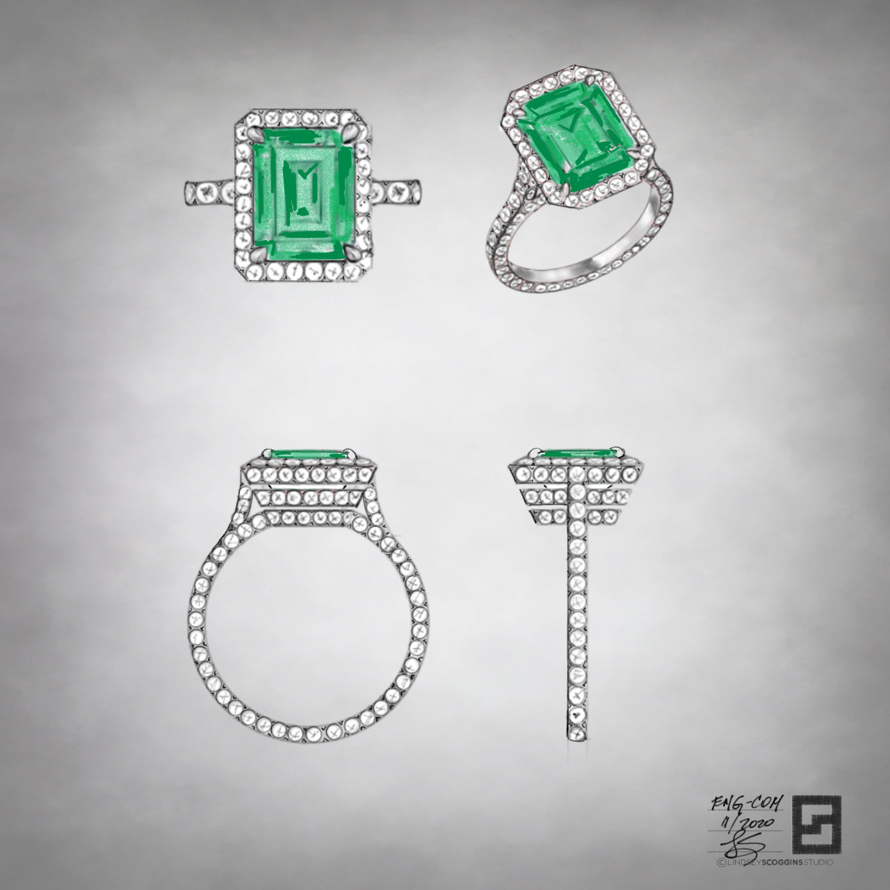  EMERALD CUT TIERED PAVE ENGAGEMENT RING            