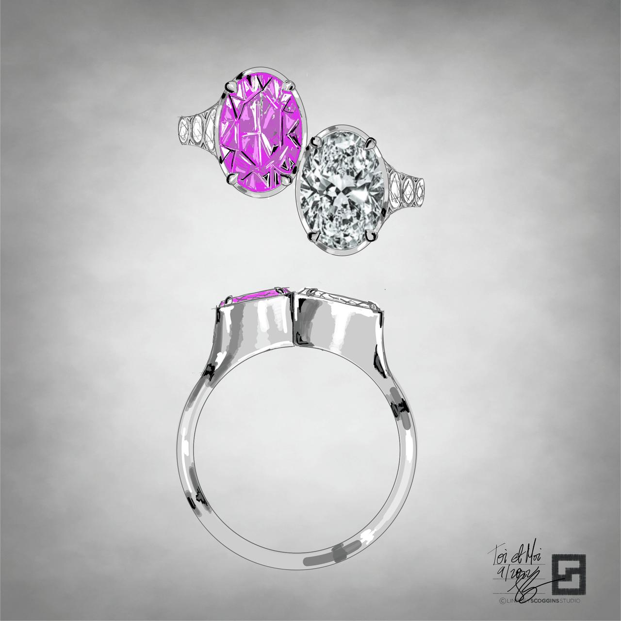 pink sapphire and diamond ring in a toi et moi setting