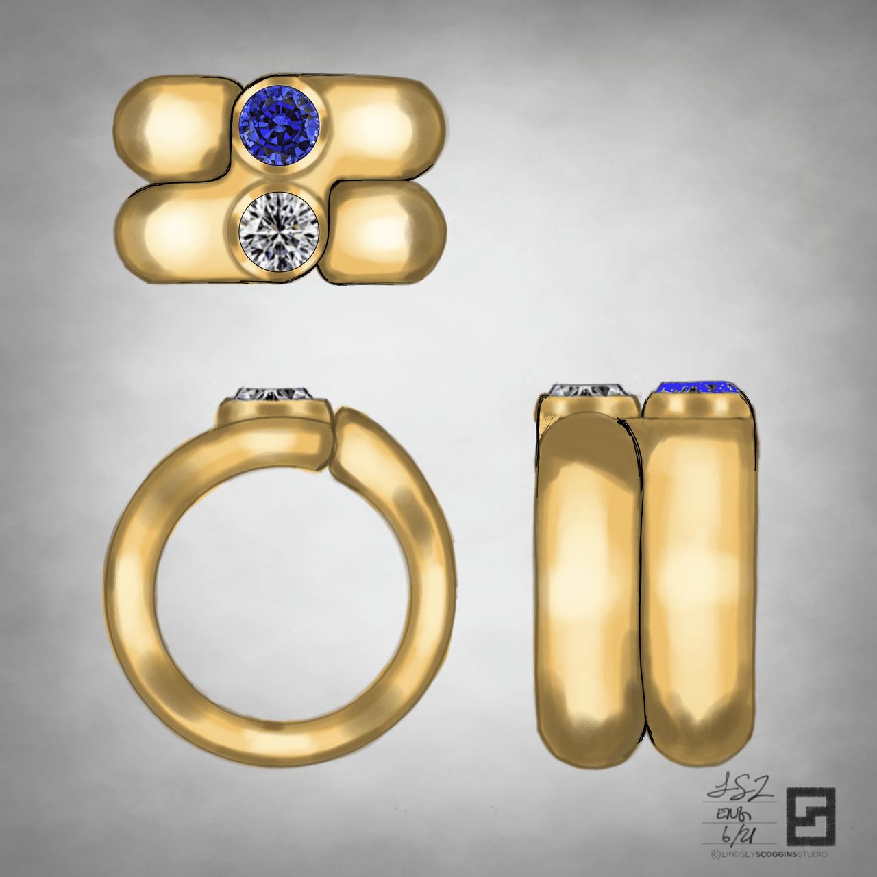 sapphire and diamond toi et moi puzzle ring